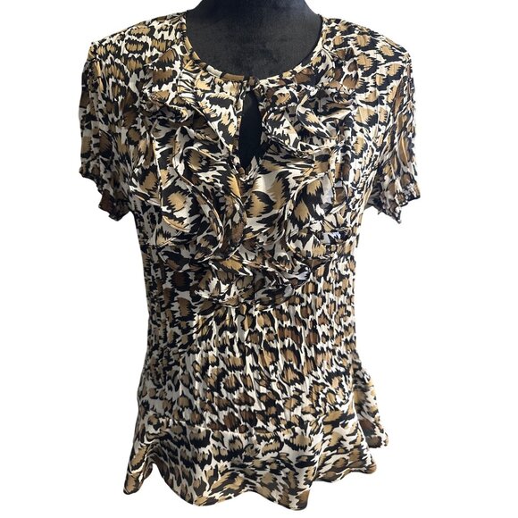 Sunny Leigh Womens Leopard Print Ruffle Blouse Large Short Sleeve - Picture 2 of 6